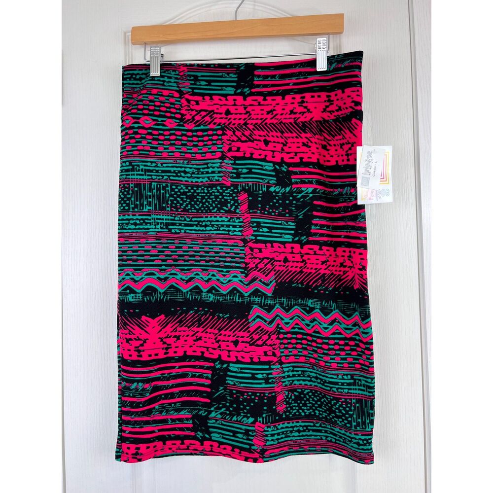 LuLaRoe Cassie Pencil Skirt Vibrant Pink Green Black Print Size L - NWT!